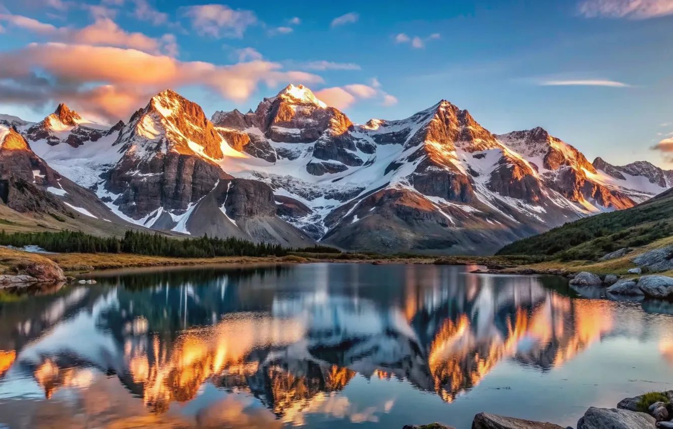 Photo wallpaper snow, mountains, lake, reflection, landscape, mountains, lake, reflection