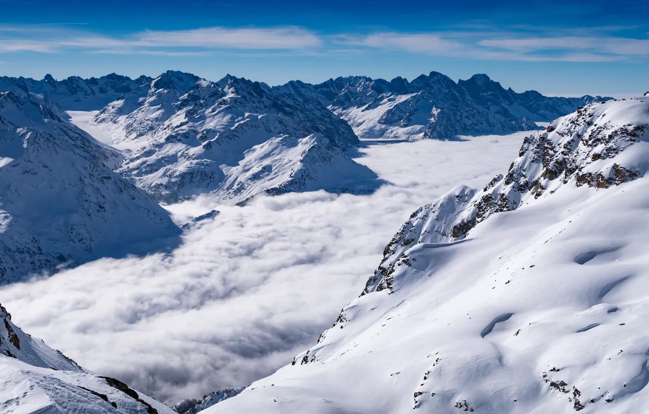 Photo wallpaper winter, the sky, clouds, snow, landscape, mountains, nature, fog