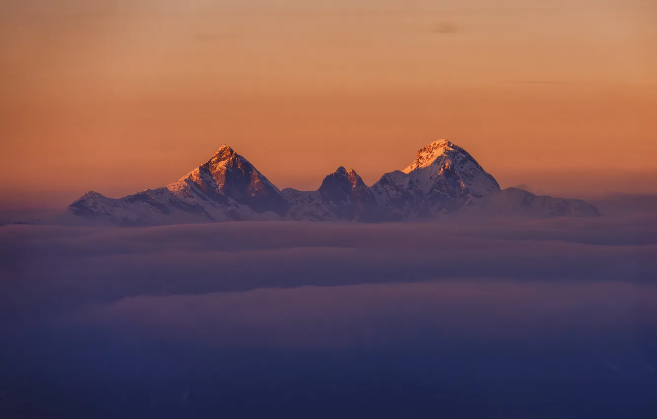 Photo wallpaper clouds, mountains, tops, height, peak