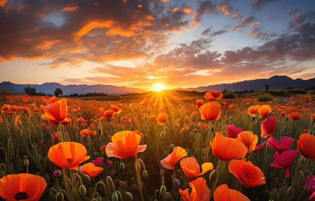 Photo wallpaper field, summer, the sky, the sun, clouds, sunset, flowers, mountains