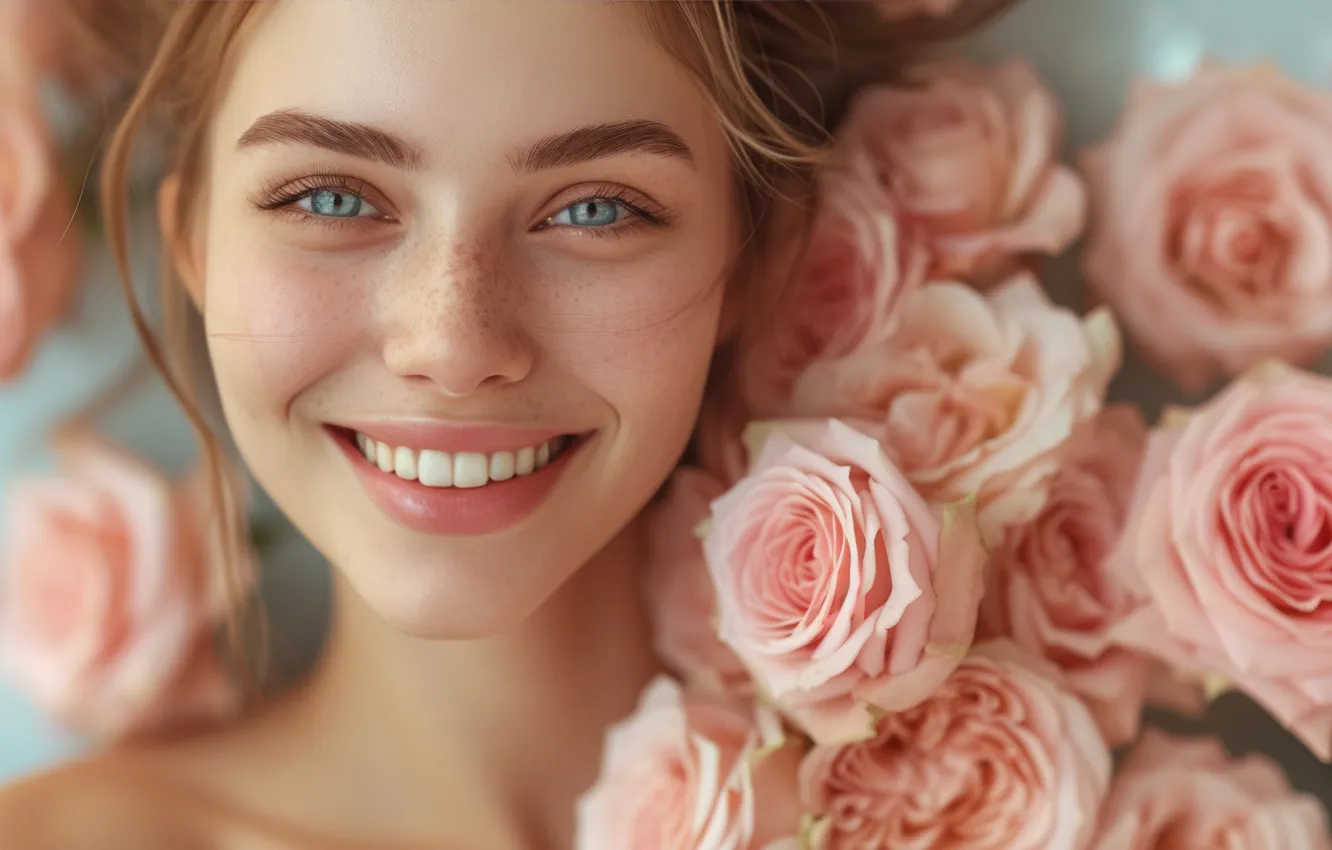 Photo wallpaper look, girl, flowers, face, holiday, portrait, roses, bouquet