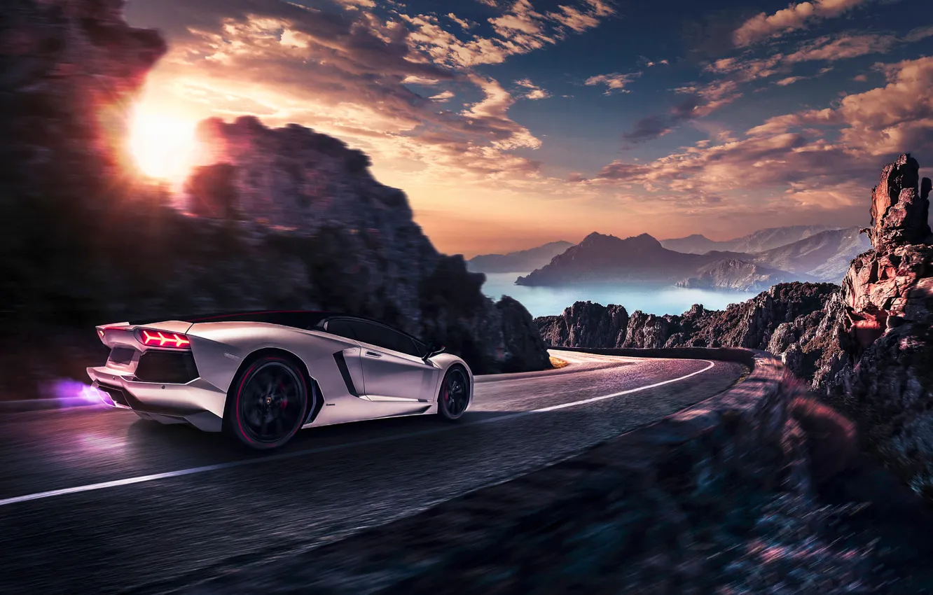 Photo wallpaper Lamborghini, Landscape, Sunset, LP700-4, Aventador, Pirelli, Supercar, Edition