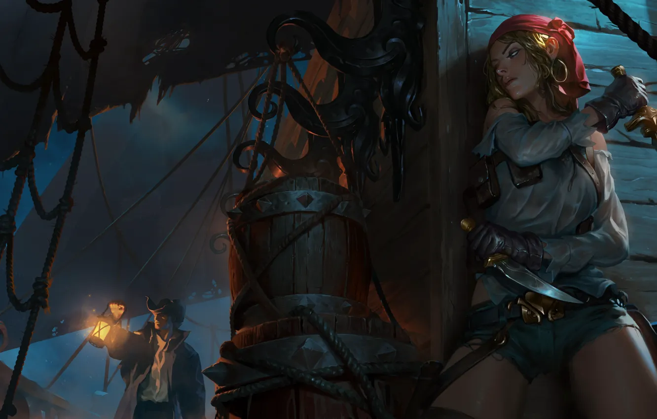 Photo wallpaper girl, night, ship, pirates, deck, in ambush, time, Bilgewater