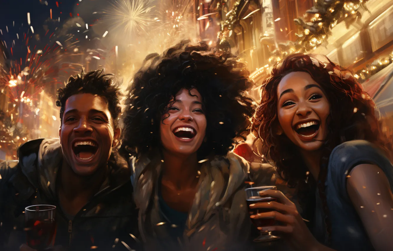 Photo wallpaper girl, joy, smile, new year, home, salute, Christmas, guy