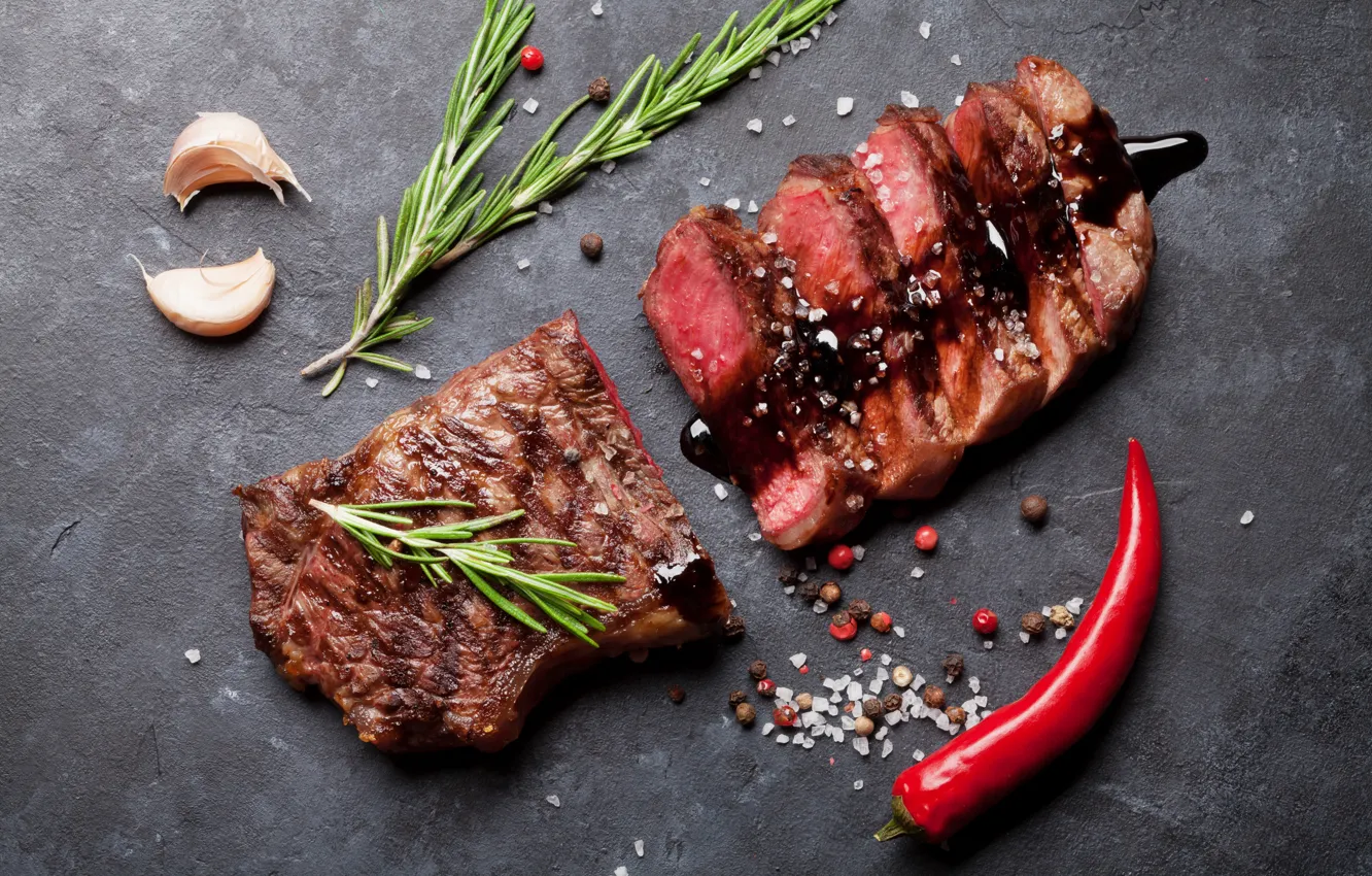 Photo wallpaper pepper, sauce, garlic, salt, steak