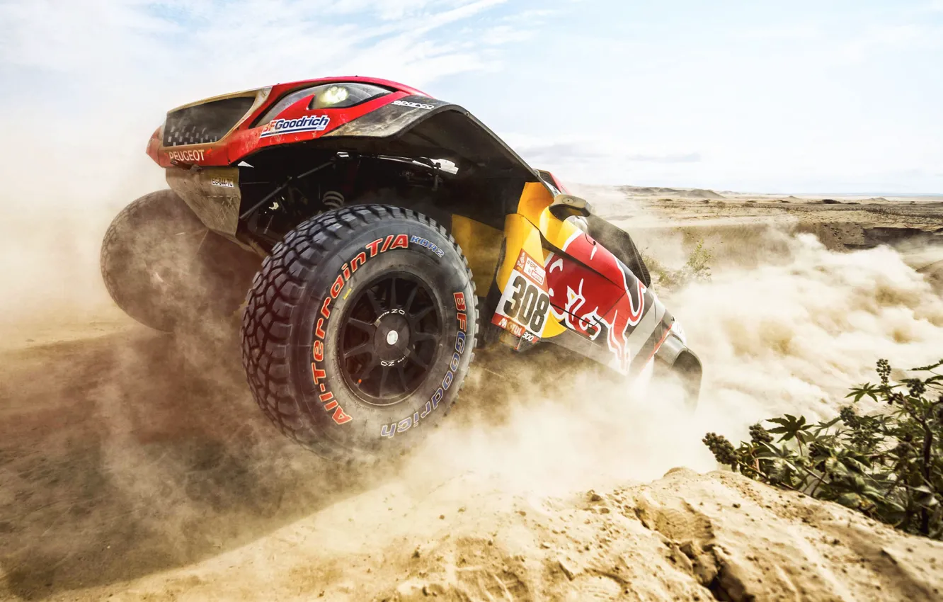 Photo wallpaper Sand, Auto, Wheel, Sport, Machine, Race, Peugeot, Red Bull