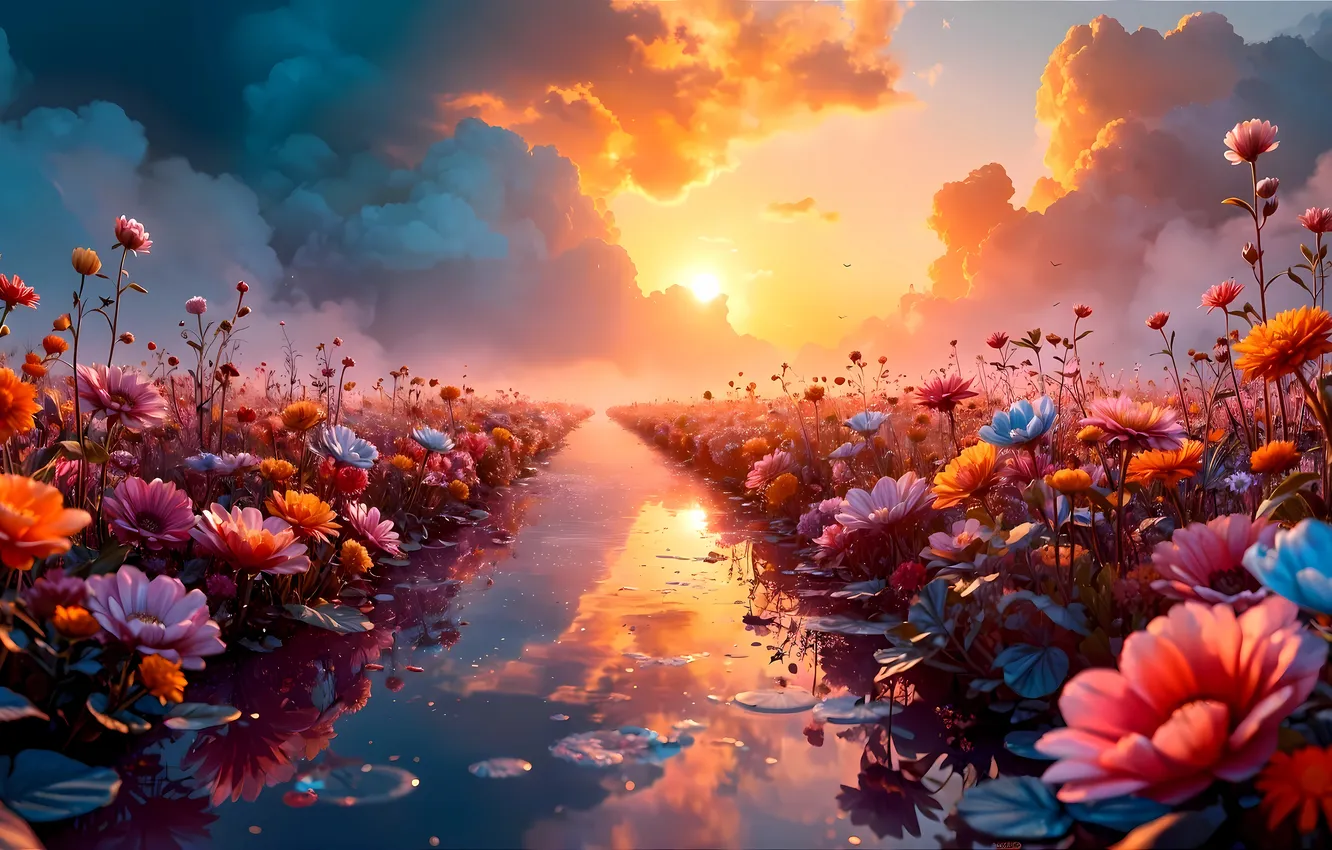 Photo wallpaper clouds, flowers, dawn, river, digital art, AI art, The Art of Artificial Intelligence, neural network