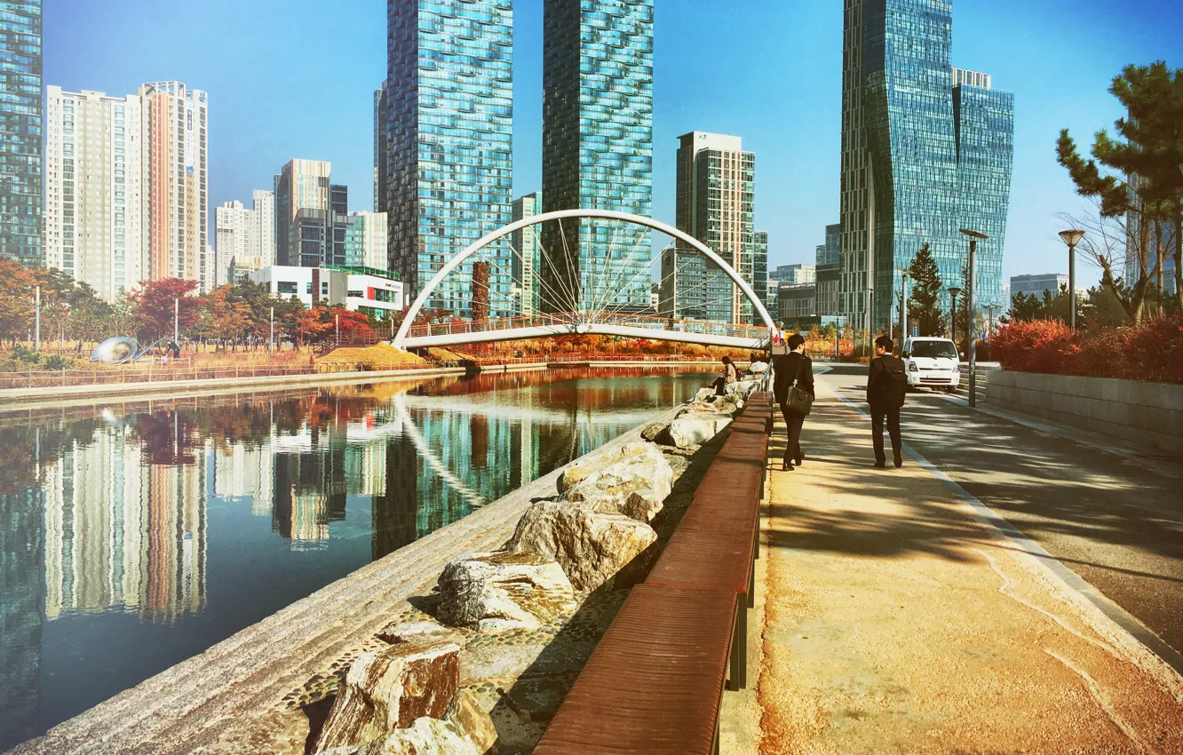 Photo wallpaper car, skyline, sky, bridge, South Korea, water, people, reflection