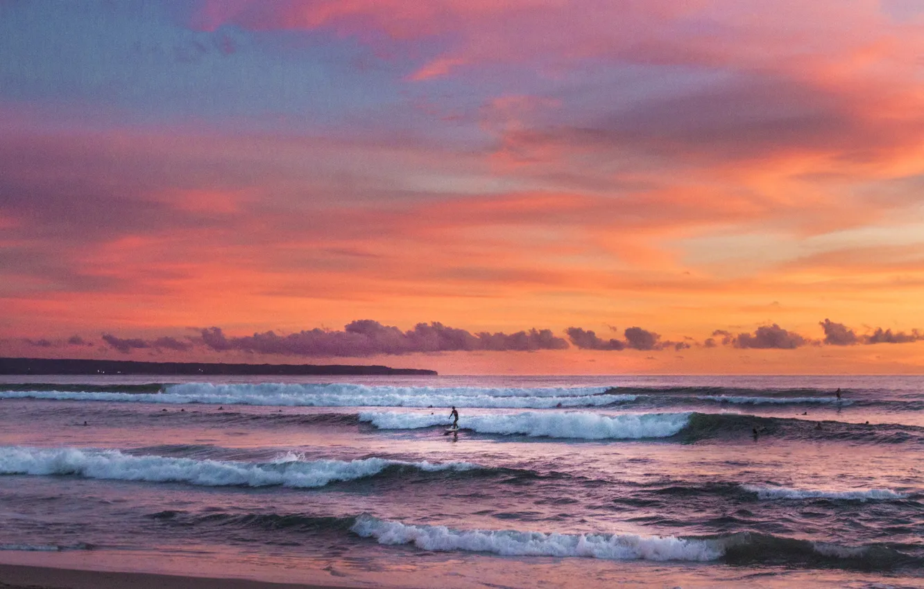 Photo wallpaper waves, beach, twilight, sunset, seascape, surfing, dusk, seaside