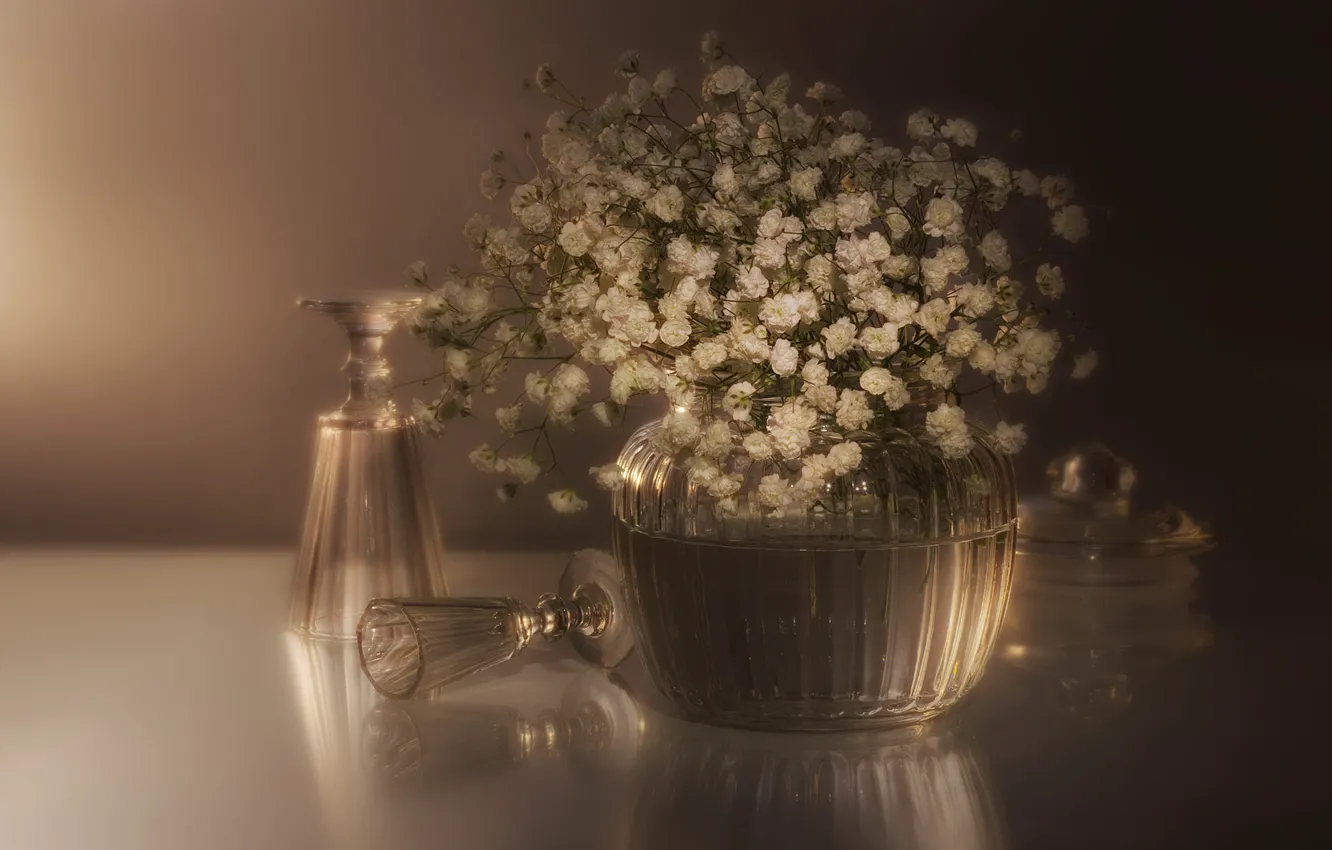 Photo wallpaper glass, flowers, bouquet, glasses, white