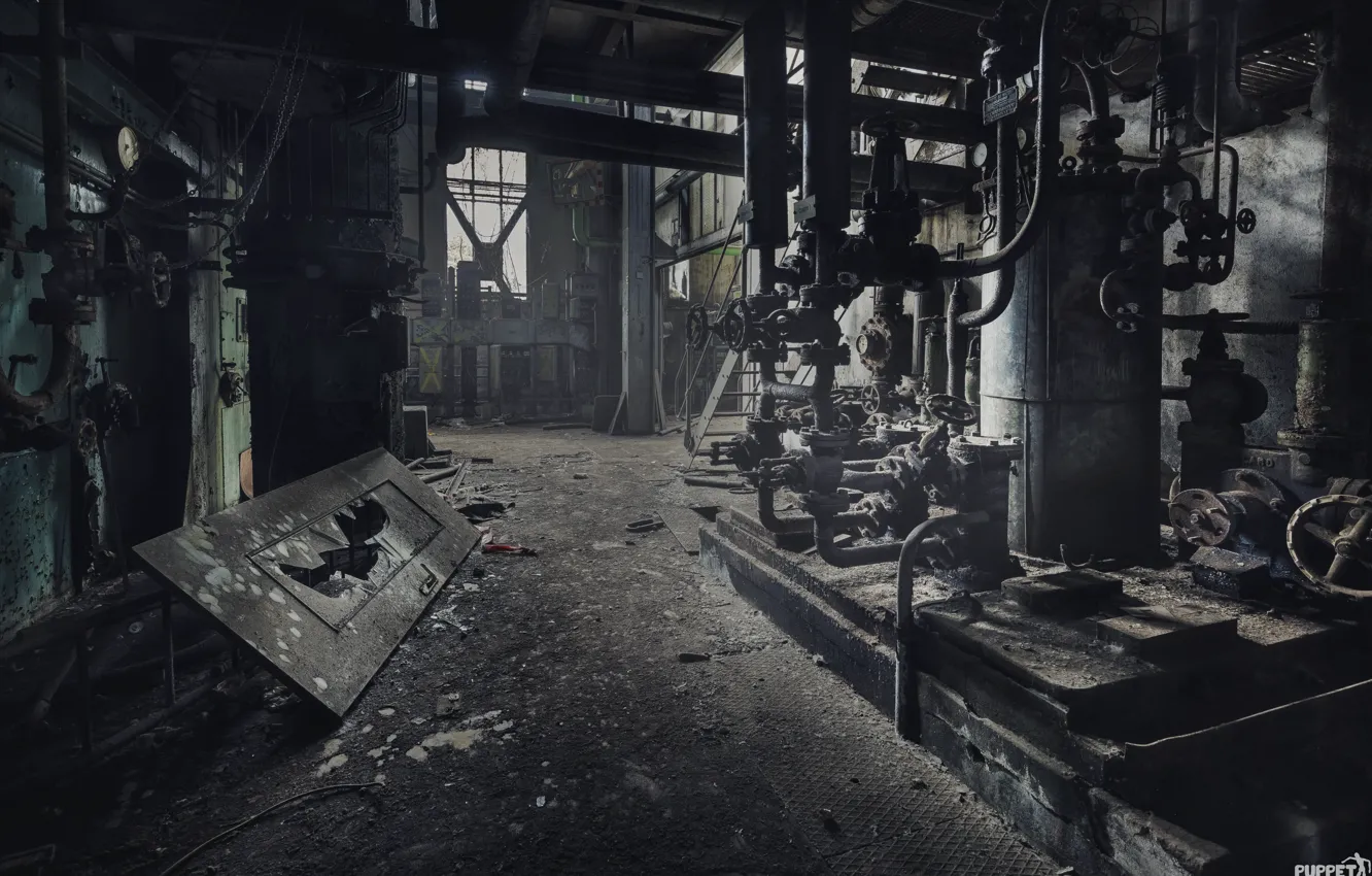 Photo wallpaper mechanism, interior, the door, window, pipe, architecture, equipment, abandoned boiler room