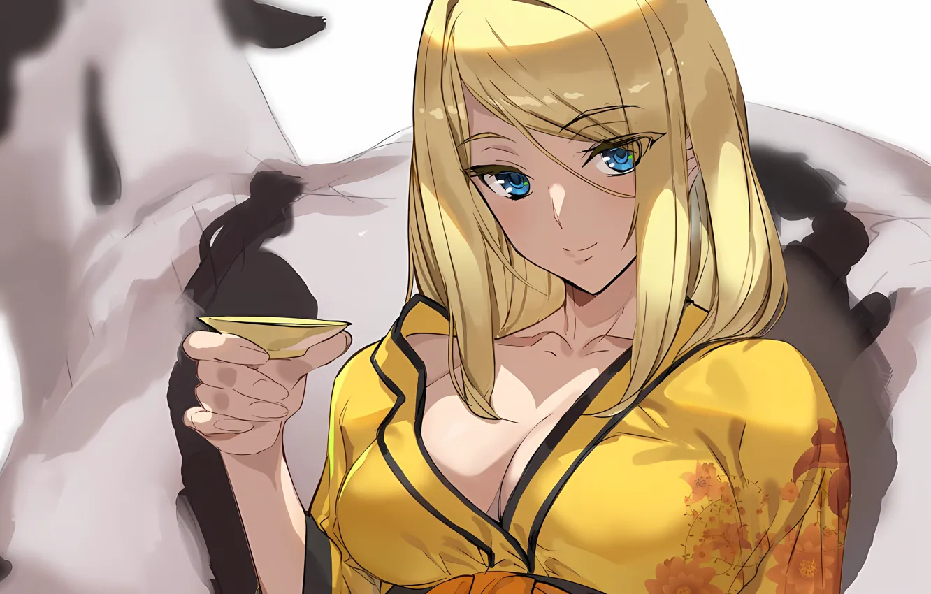 Photo wallpaper girl, sexy, cleavage, long hair, dress, boobs, anime, blue eyes