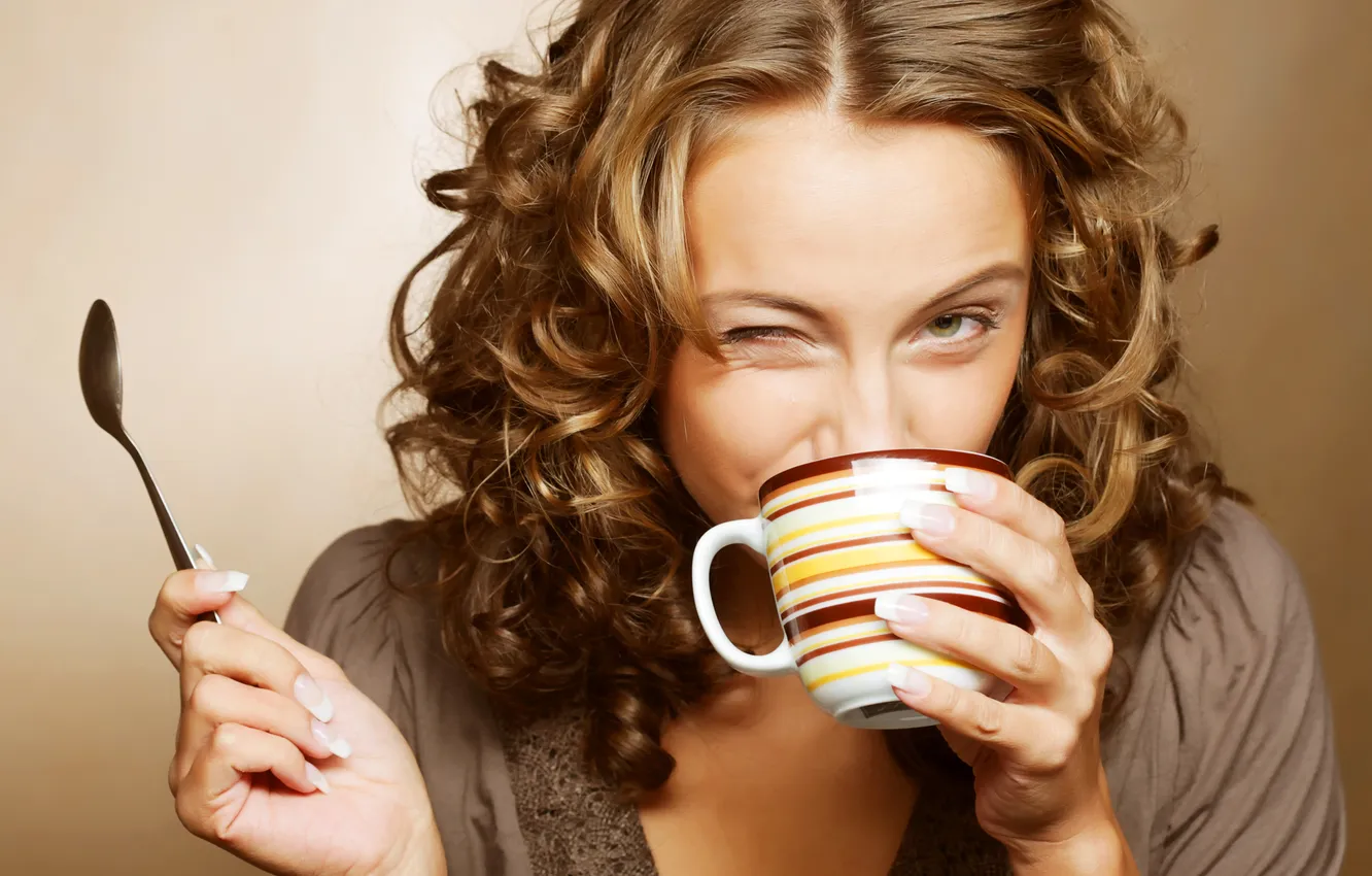 Photo wallpaper face, smile, hair, the situation, spoon, Cup, fun