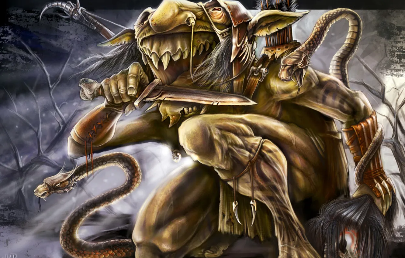 Photo wallpaper snakes, knife, Archer, mad
