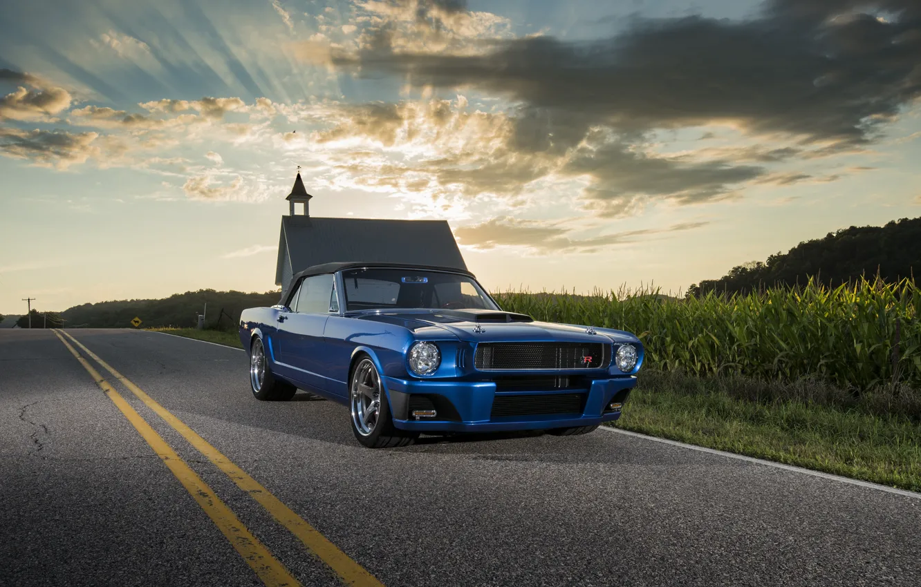 Photo wallpaper Mustang, Ford, Ford Mustang, Blue, Front, 1965, Road, Convertible