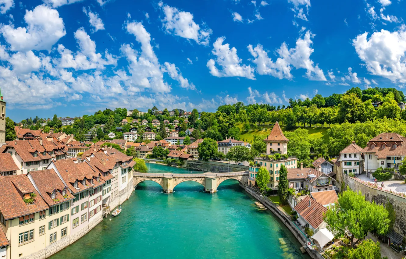Photo wallpaper clouds, trees, bridge, river, building, home, Switzerland, panorama