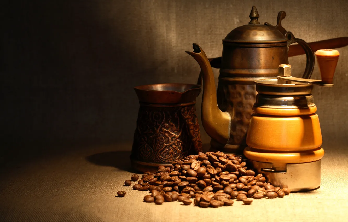 Photo wallpaper light, coffee, kettle, twilight, grain, bokeh, coffee grinder