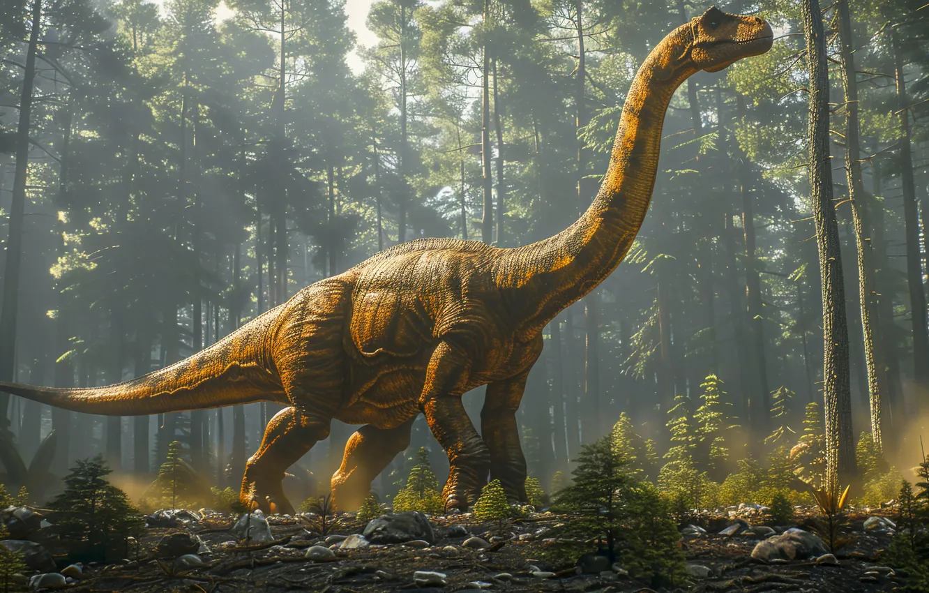 Photo wallpaper grass, trees, animal, dinosaur, neck, digital art, Ancient animals, Extinct animals