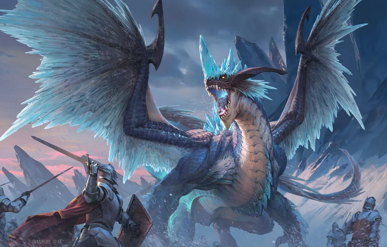Photo wallpaper ice, snow, rocks, dragon, warrior, battle