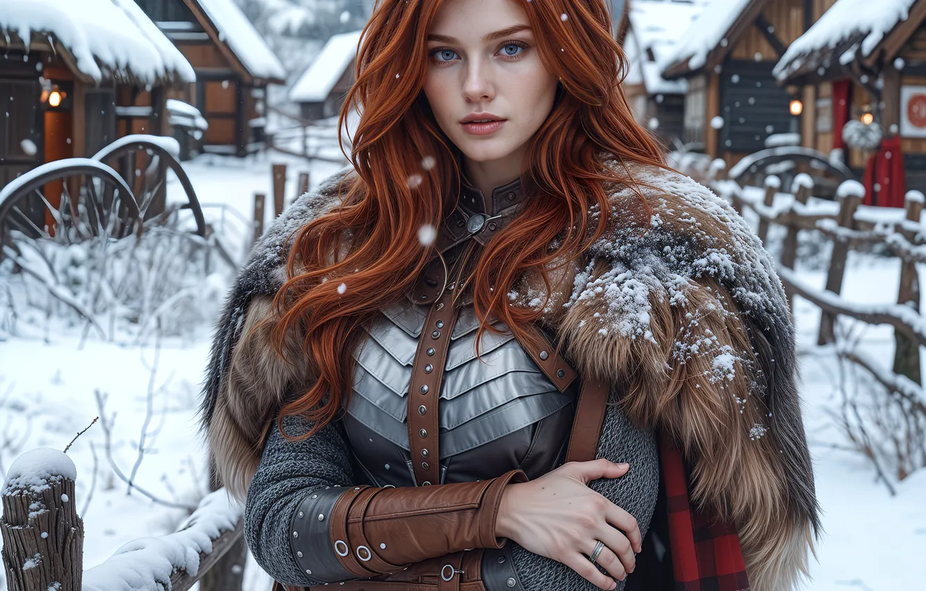 Photo wallpaper winter, look, girl, snow, pose, the fence, portrait, hands