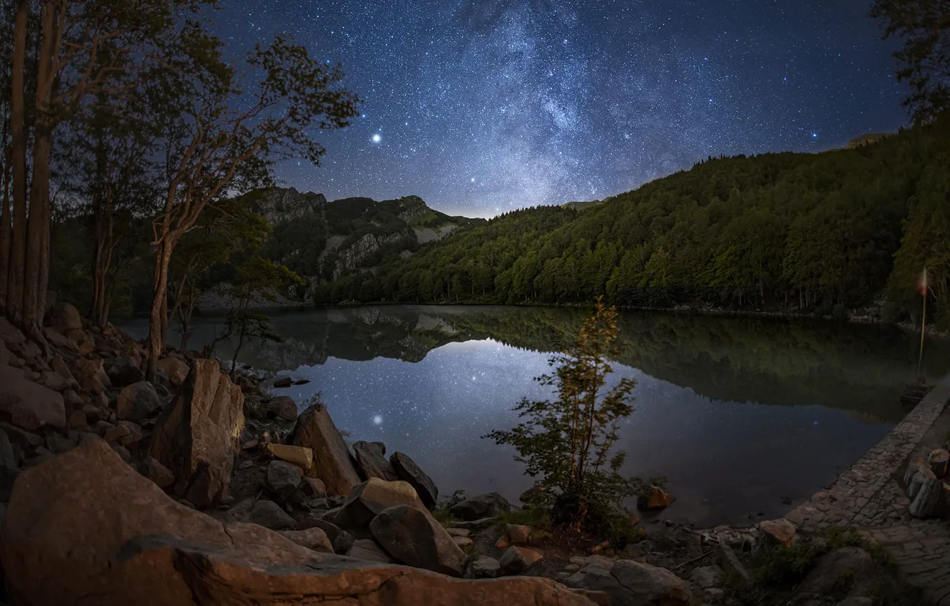 Photo wallpaper forest, stars, trees, landscape, mountains, night, nature, lake