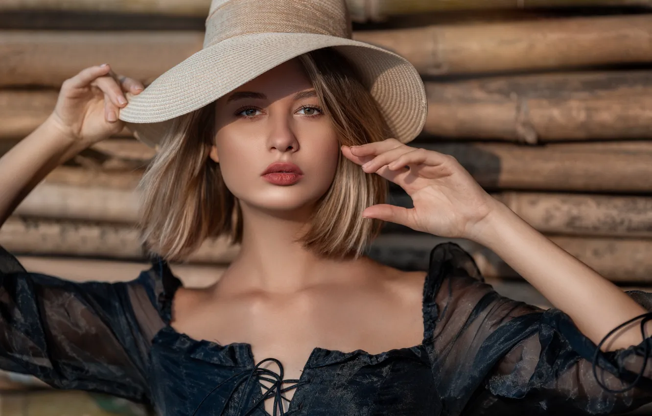 Photo wallpaper look, girl, face, pose, photo, model, hat, lips
