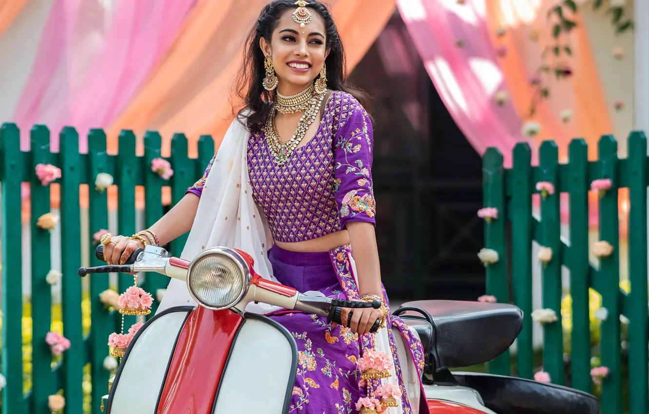Photo wallpaper girl, model, beauty, indian, scooter, traditional dress
