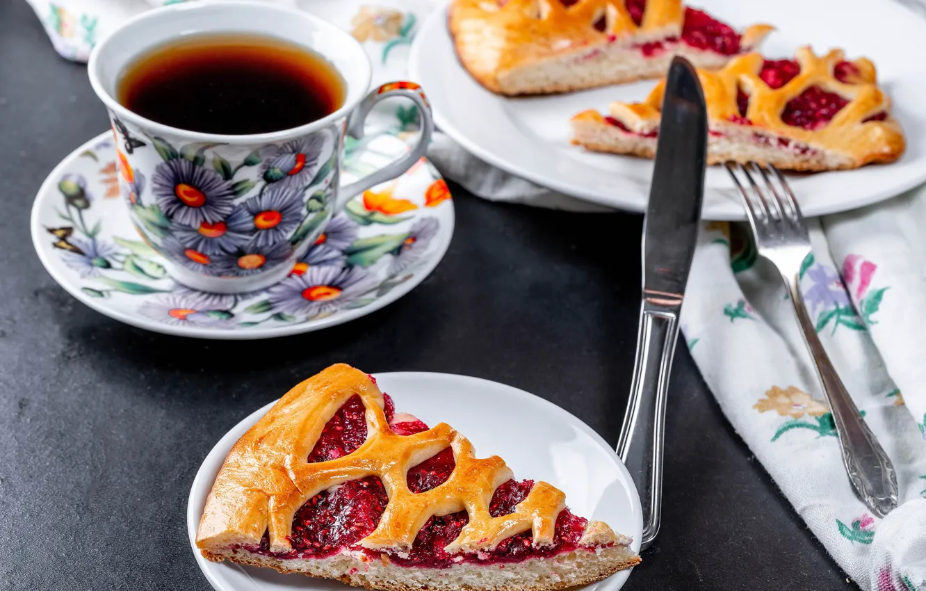 Photo wallpaper tea, plate, pie, Cup