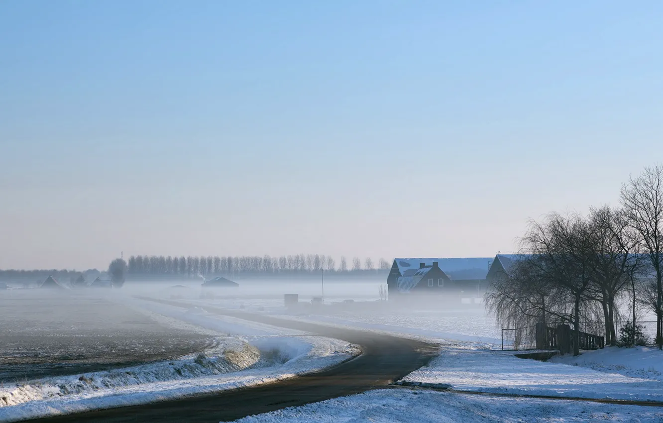 Photo wallpaper winter, road, field, fog