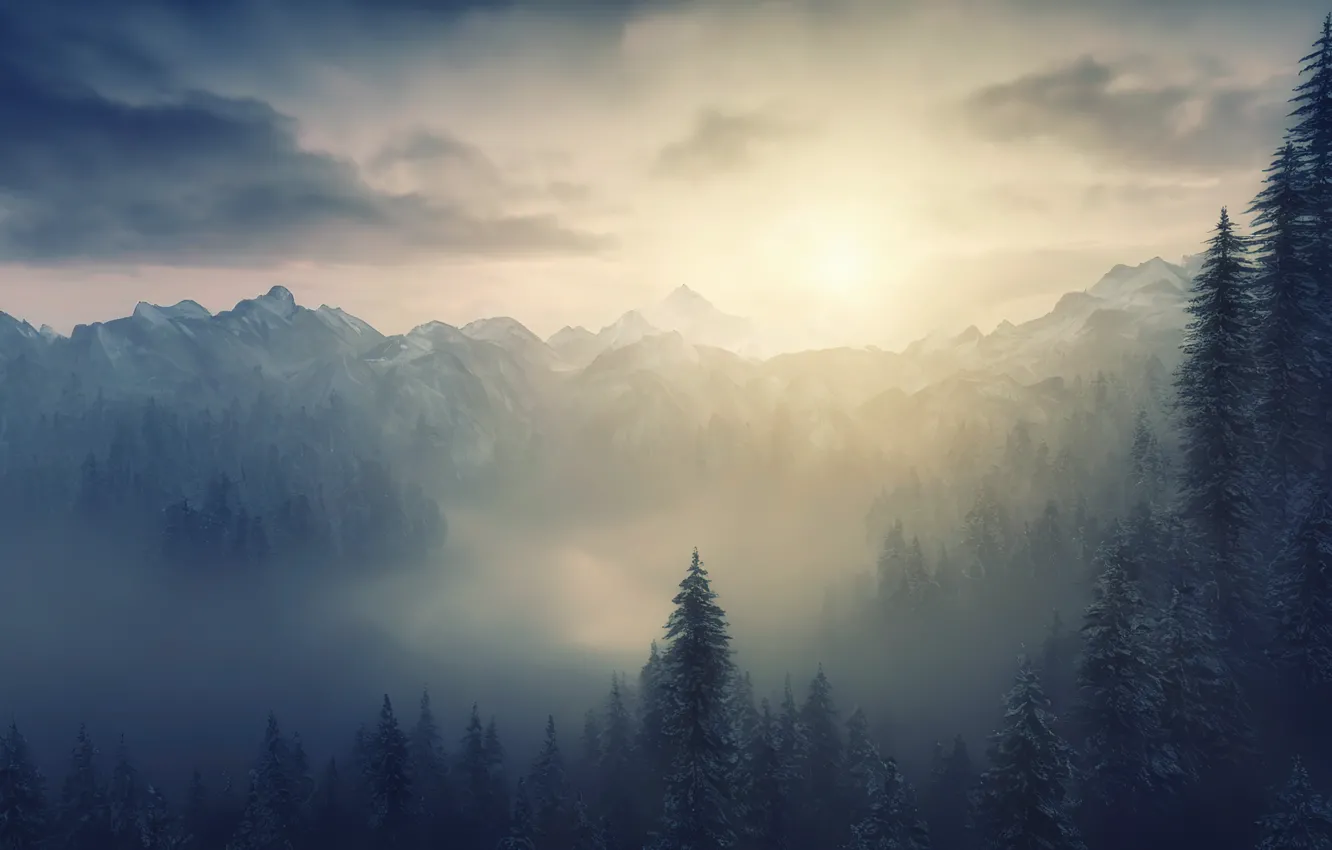 Photo wallpaper winter, frost, forest, the sky, the sun, snow, mountains, nature