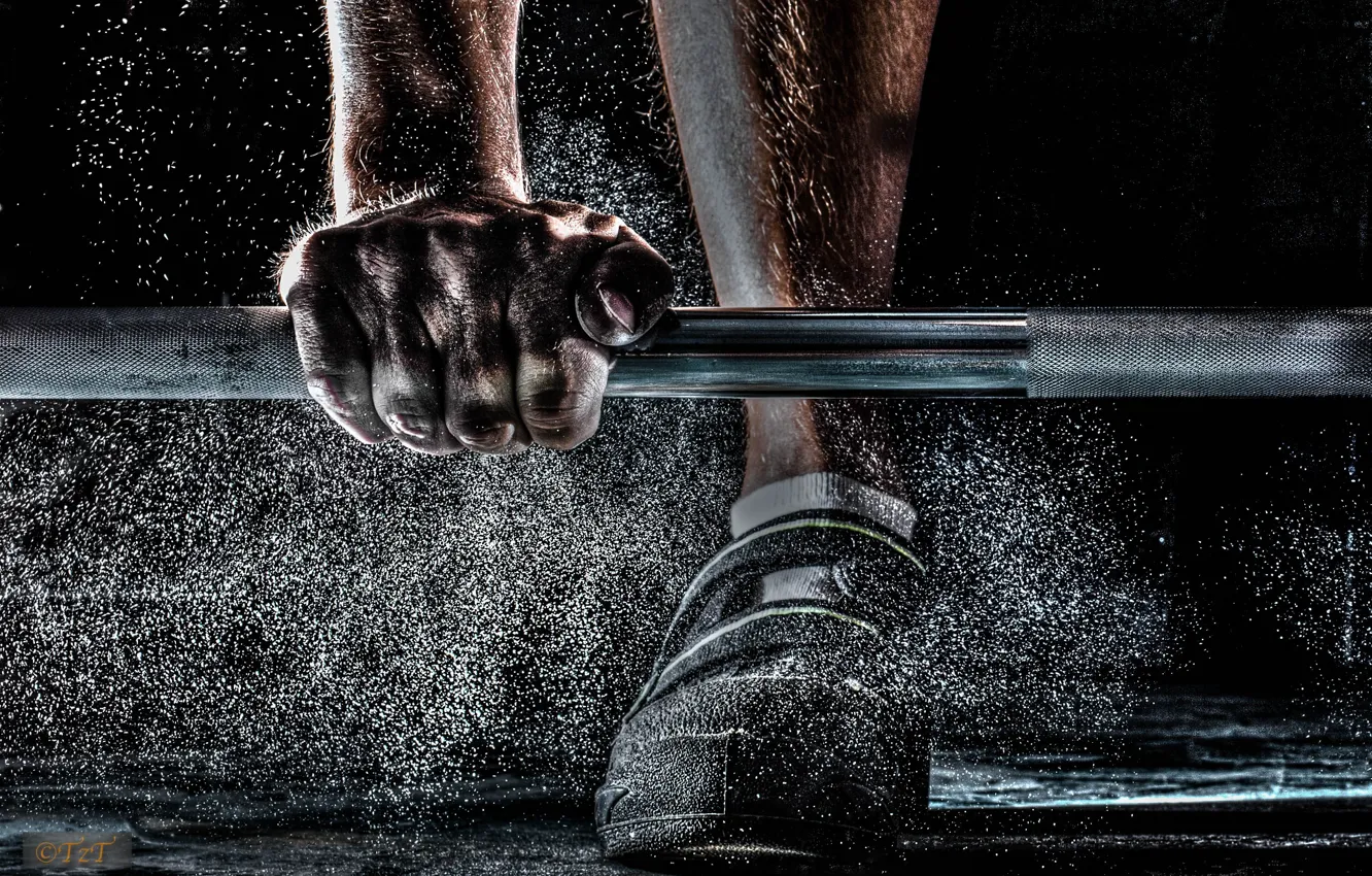Photo wallpaper feet, shoes, dust, hands, brush, iron, black background, sneakers