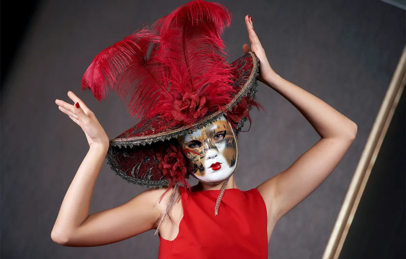 Photo wallpaper girl, woman, model, hat, feathers, hands, dress, mask