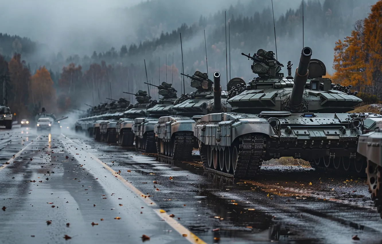 Photo wallpaper road, trees, tank, columns, digital art, AI art, The Art of Artificial Intelligence, War and …