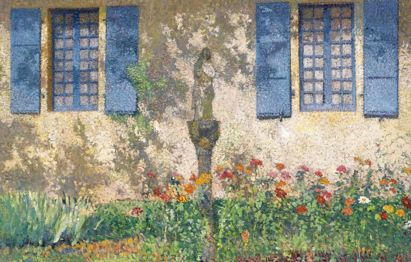 Photo wallpaper flowers, house, Windows, picture, Henri-Jean Guillaume Martin, Henri Matrin, The Parterre under the Windows