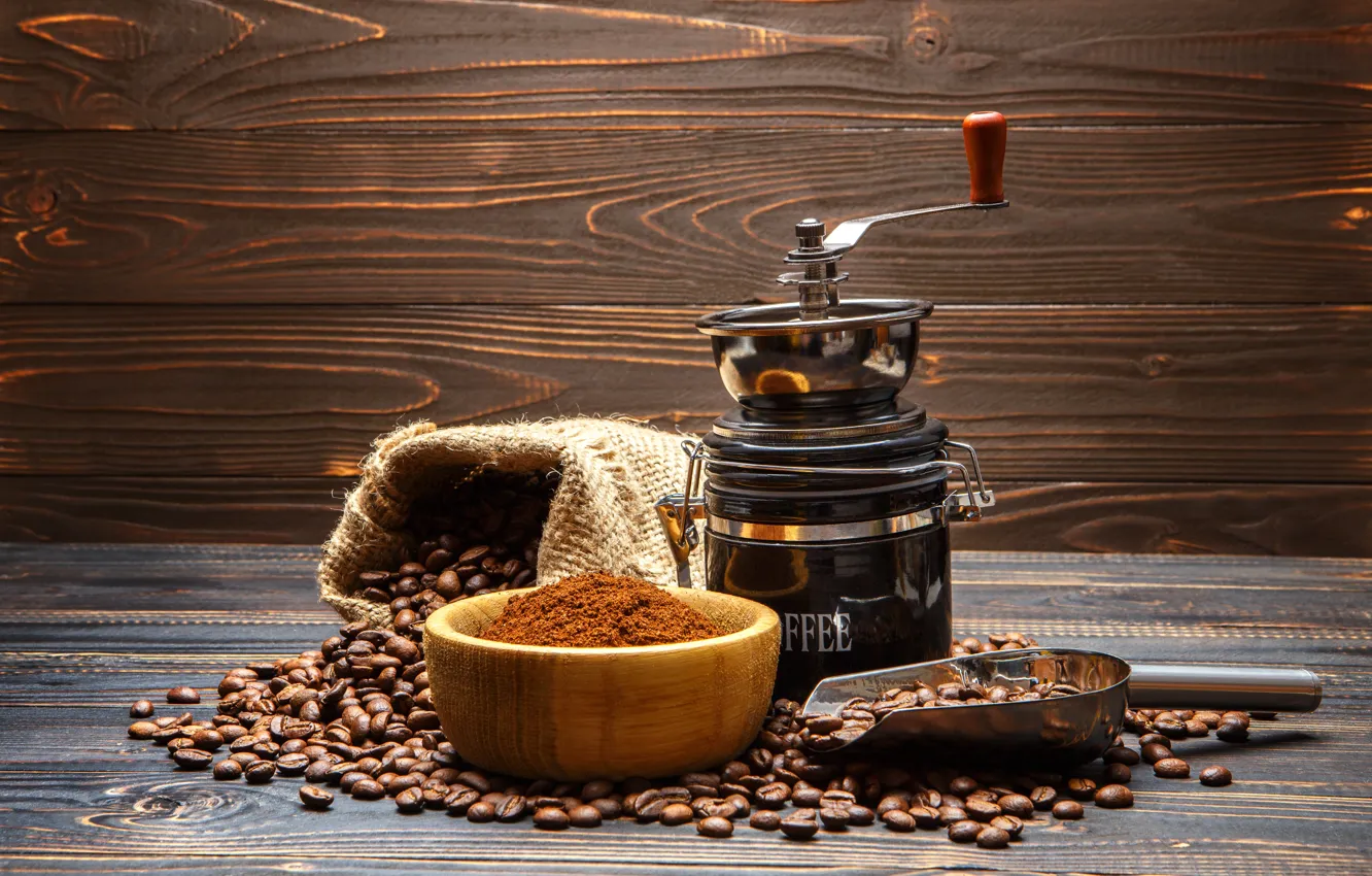Photo wallpaper coffee, coffee beans, coffee grinder, fried