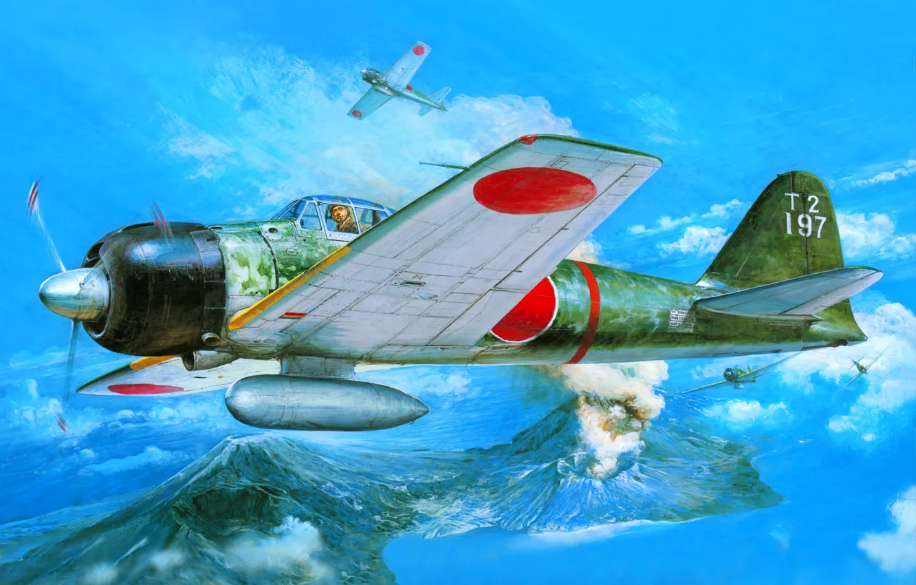 Photo wallpaper the sky, water, figure, the volcano, fighter, art, Mitsubishi, crater