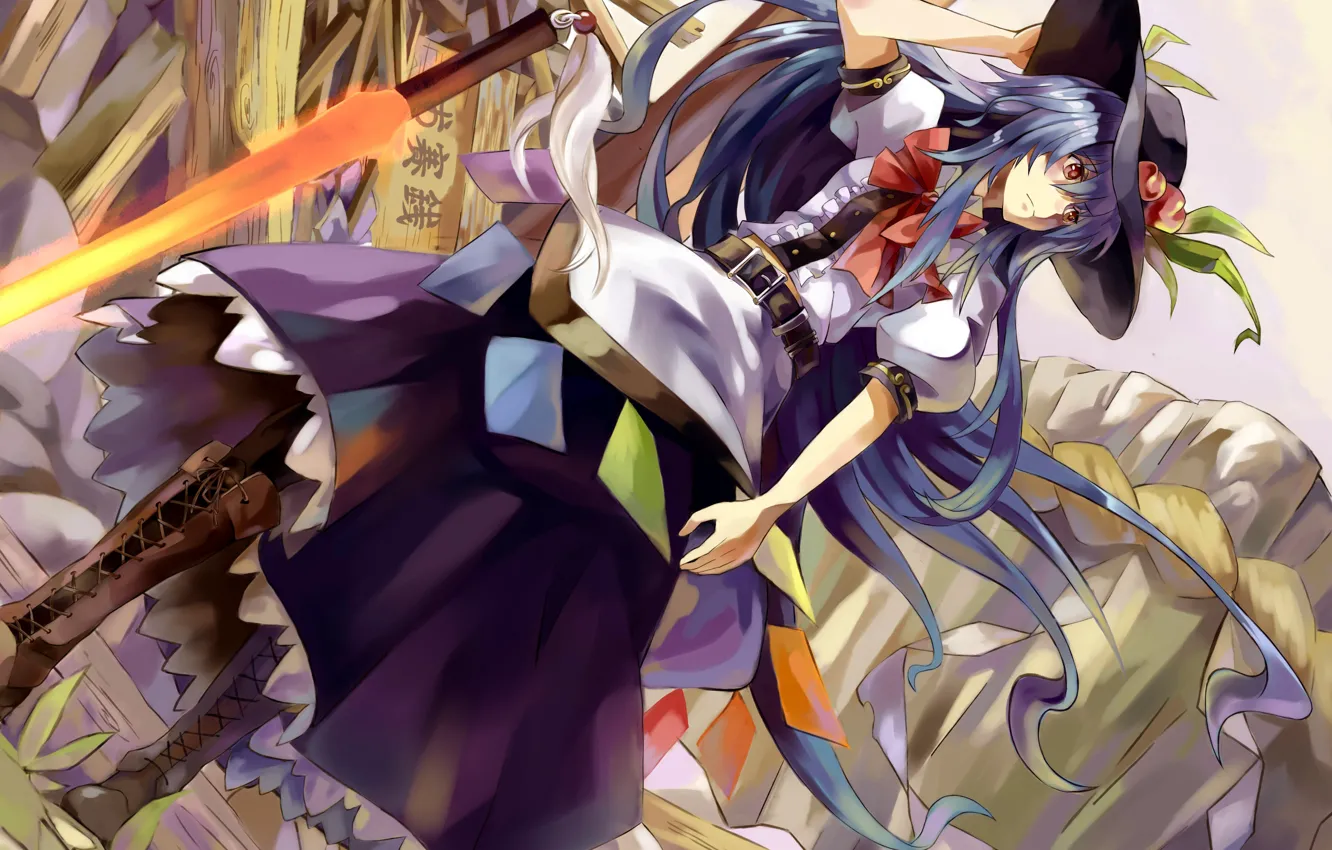 Photo wallpaper the wind, hat, boots, strap, Hinanawi Tenshi, bow, blue hair, art