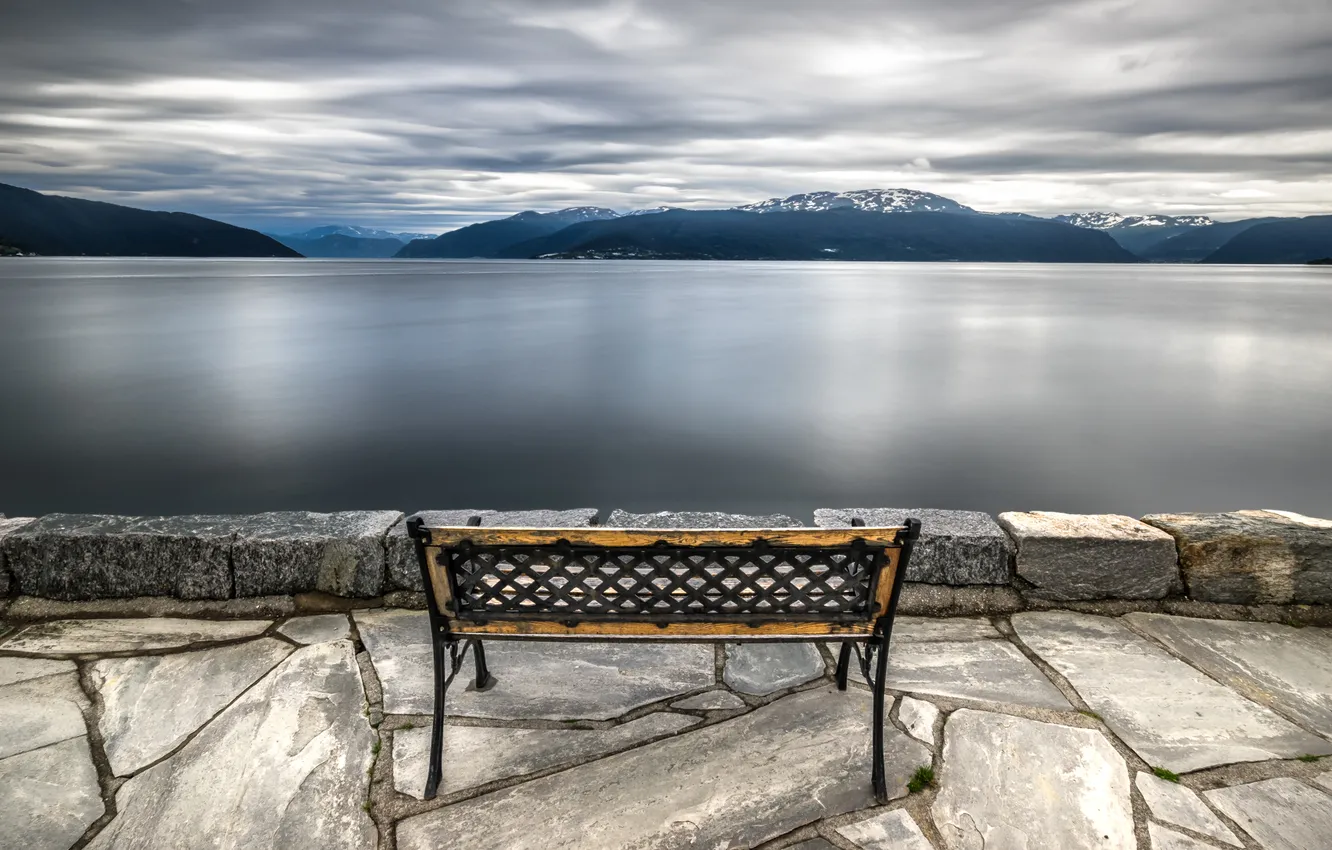 Photo wallpaper sea, shore, bench