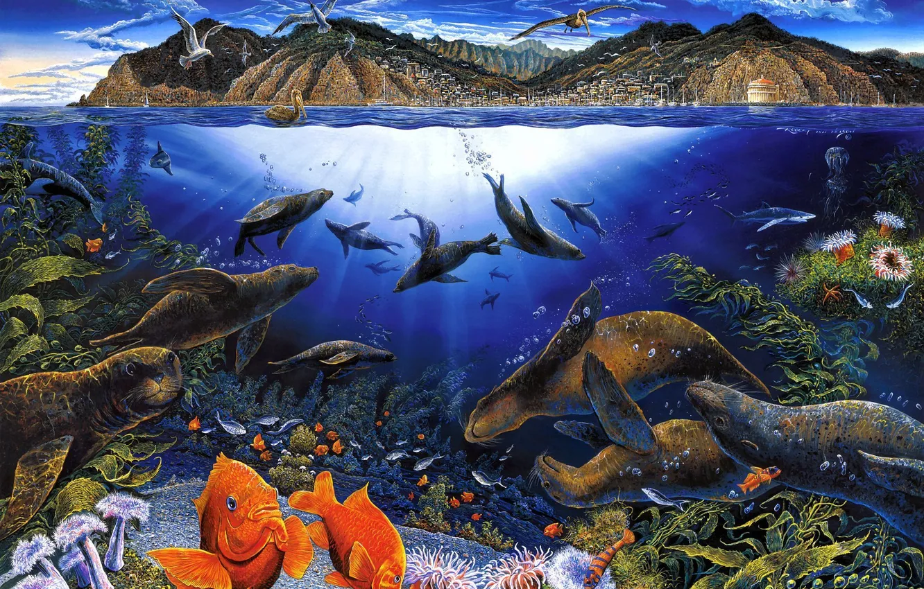 Photo wallpaper landscape, mountains, bird, seagulls, seal, fish, shark, art