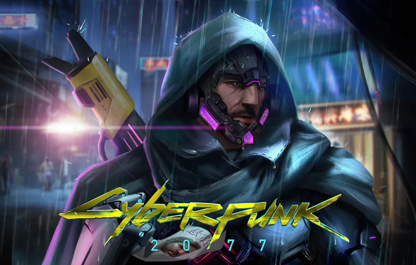 Photo wallpaper future, weapons, rain, the game, technology, future, hood, helmet