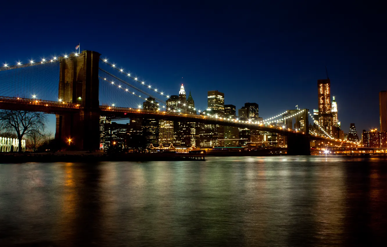 Photo wallpaper city, road, evening, Brooklyn Bridge, building, The Bridge