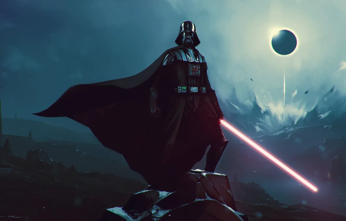 Photo wallpaper Star Wars, Darth Vader, lightsaber, artwork, sith, pearls, strong, cape