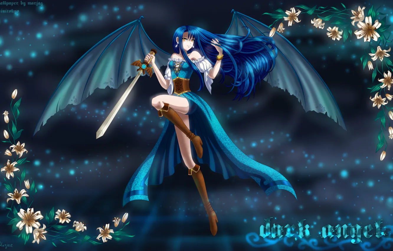 Photo wallpaper girl, flowers, Lily, wings, sword, vampire, fantasy