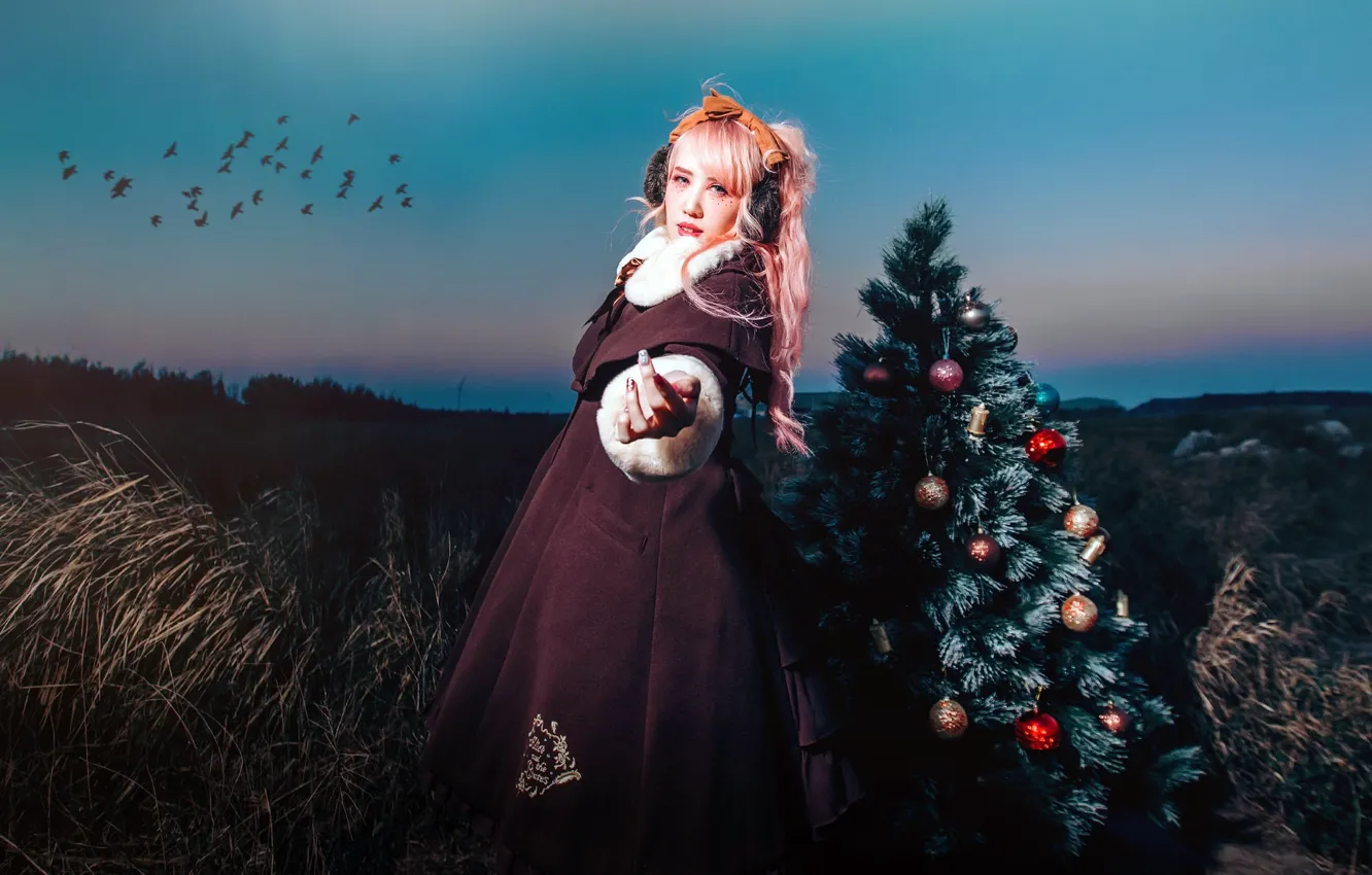 Photo wallpaper girl, toy, tree