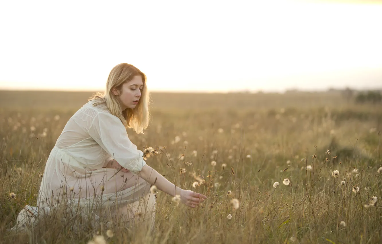 Photo wallpaper field, summer, girl, flowers