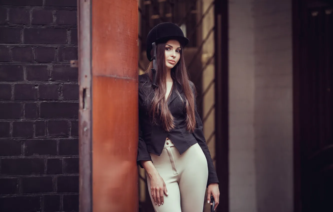 Photo wallpaper girl, figure, helmet, brown hair, uniform, whip, jockey