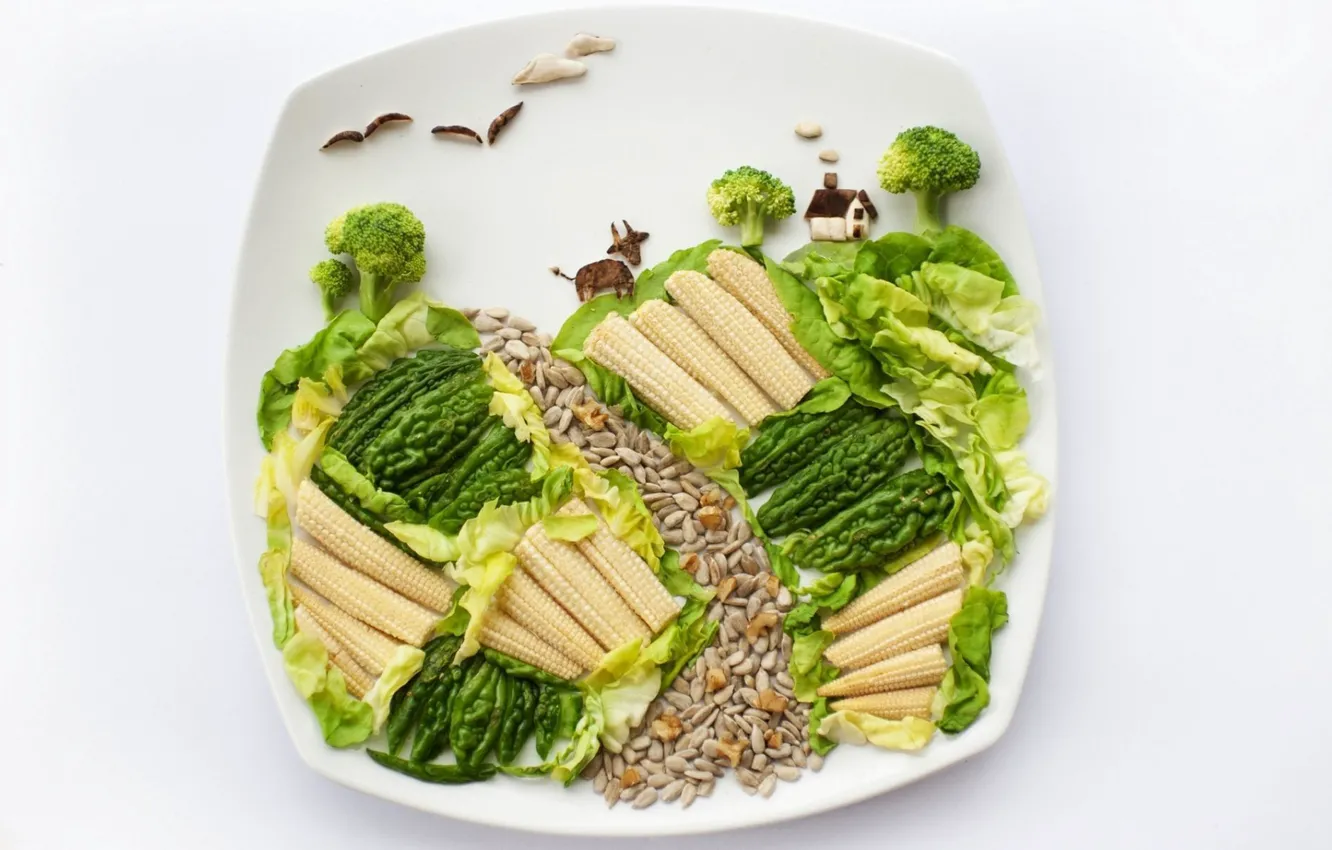 Photo wallpaper food, corn, plate, vegetables, salad