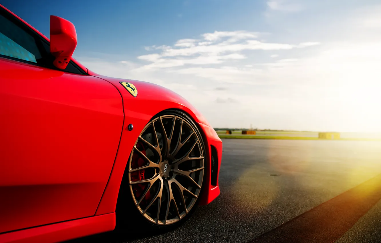 Photo wallpaper the sky, the sun, clouds, Ferrari, red, disk, Ferrari, Blik