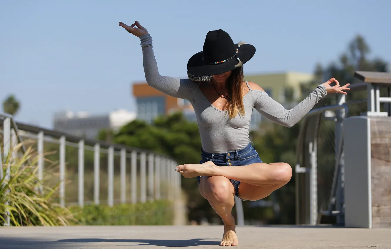 Photo wallpaper girl, pose, flexibility, hat, yoga, legs
