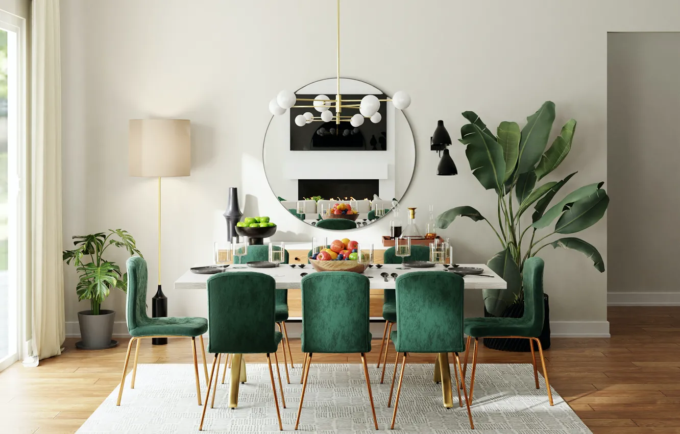 Photo wallpaper table, room, carpet, plant, interior, mirror, chair, floor lamp